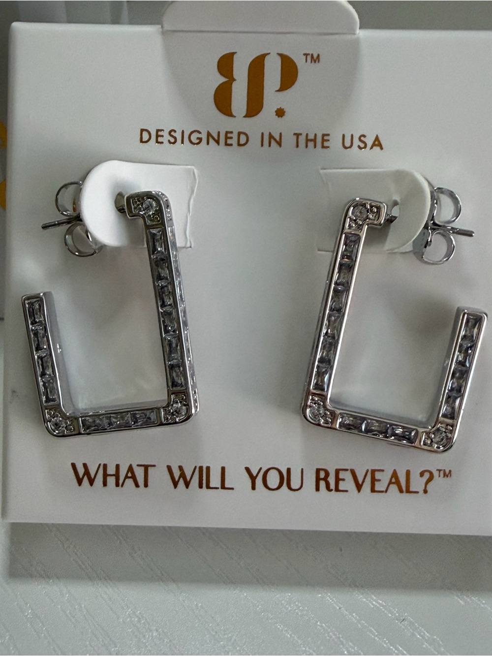 bp Silver Square Hoop Earrings with Clear Crystals